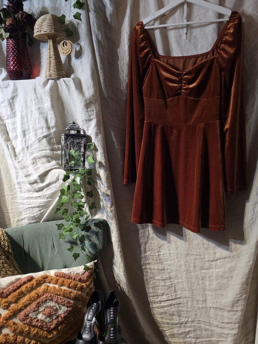 Vintage Boho Rust Velvet Babydoll Dress